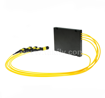 1×4 MPO/MTP SM PLC 분배기 – 단일 모드, 1×4 구성, MPO 입력 - MPO 출력, 낮은 삽입 손실(7.2dB 이하), 고밀도 데이터 센터 케이블링, 사전 종단 시스템 및 FTTx 분배용