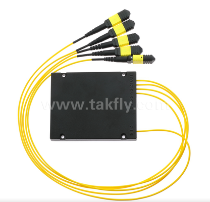 1×4 MPO/MTP SM PLC 분배기 – 단일 모드, 1×4 구성, MPO 입력 - MPO 출력, 낮은 삽입 손실(7.2dB 이하), 고밀도 데이터 센터 케이블링, 사전 종단 시스템 및 FTTx 분배용