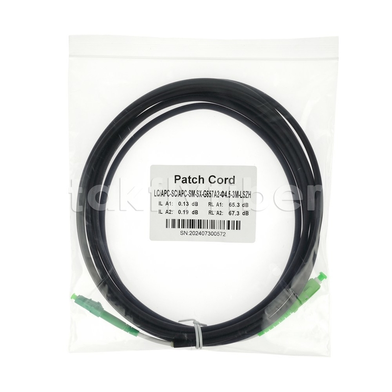 통신등급 CPR Dca 인증 4.5mm 이중 안전 광섬유 패치코드 SM G657AB3 LSZH 블랙 자켓 SCAPC에서 LCAPC
